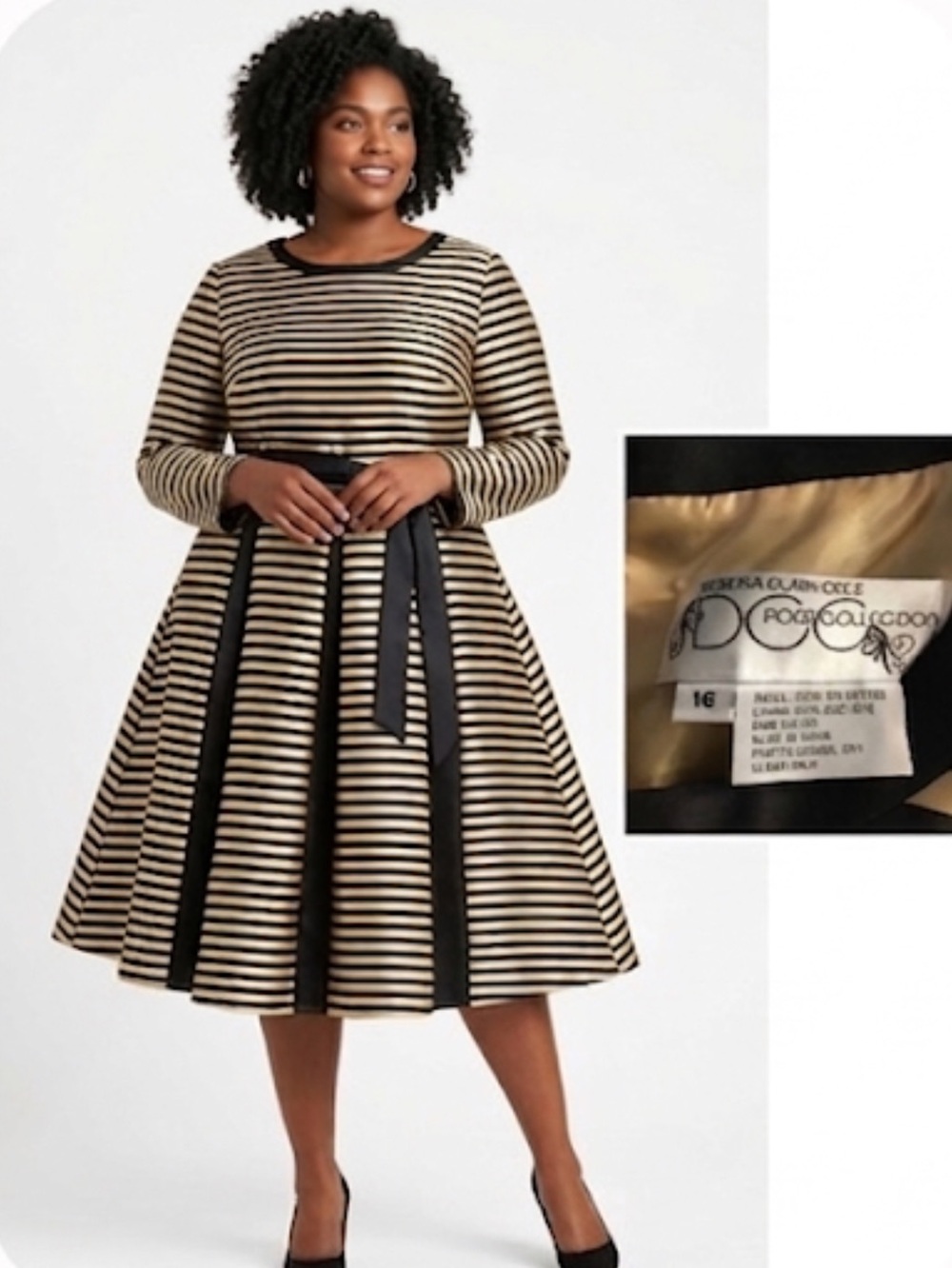 Dorinda Clark-Cole Plus-Size Black and Gold Striped Fit-and-Flare Dress 16